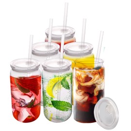 Joytra 16oz Drinking Clear Cups with Chroma Lids, Clear Plastic Mason Jar Acrylic Cups, Shatterproof Drinking Jars for Smoothies, Cold Brew, Beer, Coffee, Milk Tea (6 Pack, Clear Lids)