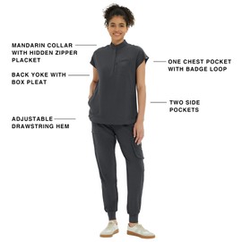 Kitmaz Medical Scrub Tops for Women - Soft Stretch Mandarin Collar Oversized Fit Scrub Shirts with 3 Pockets Dark Grey