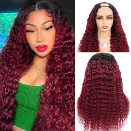 1B/Burgundy U Part Wig Human Hair Brazilian Deep Wave U Part Wigs for Black Women Ombre Deep Curly Human Hair Wigs Glueless Full Head Clip in Half Wig U Shape Wig 180% Density (24 Inch)