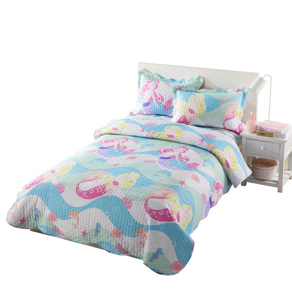 MarCielo 2/3 Pcs Kids Bedspread Quilts Set Throw Blanket for Teens Boys Girls Bed Printed Bedding Coverlet Mermaid Quilt Comforter Set A94 (Full/Queen)