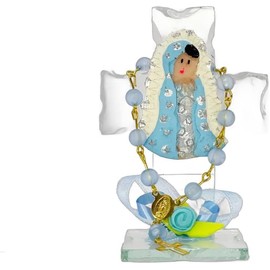 Cruz de cristal azul con Virgen – Pack 12 pcs Lusoba – Recuerdo religioso
