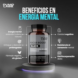 Dumo Focus Boost Black  Nootrpico Natural con Melena de Len, Bacopa, Cafena y Huperzina A  Energa Mental, Enfoque y Rendimiento Diario  60 Cpsulas... 