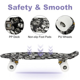 UNI-SUN Cruiser Skateboard 22 Inch Mini Cruiser Board for Kids Boys Teens Beginners, Skull