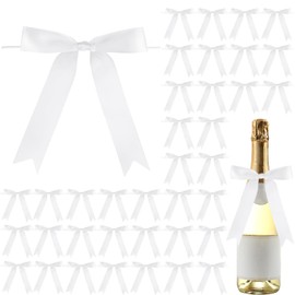 Riceshoot Riceshoot 50 Pcs Twist Tie Bows 5x7 Inch Large Satin Ribbon Bow for Gift Wrapping Champagne Bottle Cake Treat Bag Craft DIY Gift Wedding Baby Shower Bridal Shower Christmas Birthday Party(White)