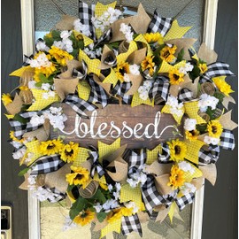 BLESSED Black & Yellow Farmhouse Sunflower Wreath, Decor, Fall, Spring, Summer, Front Door, Burlap Wedding Farmhouse Decor, French Country Decor