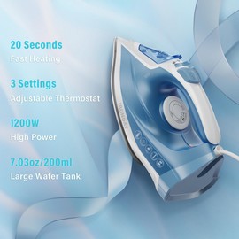 IRONDAY Steam Iron for Clothes Fast Heating, 1200W Iron with Non-Stick Ceramic Soleplate, Self-Cleaning, Burst of Steam, Spray Mist, 7.03oz Water Tank Ironing Clothes for Home, Blue