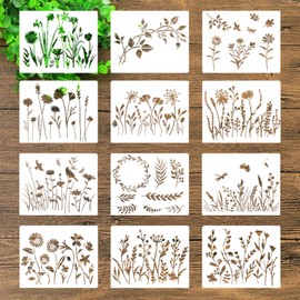 Qiyuda 12 Pcs Large Flower Stencil for Painting on Wood Fence Walls, Reusable Floral Wildflower Leaf Stencils Plastic DIY Craft Drawing Templates Set