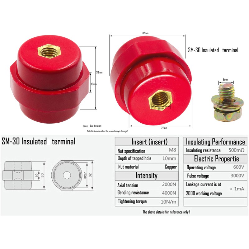 LBY 4pcs Busbar Insulator, SM-30 Polyester Standoff Insulators with Screw(M8),