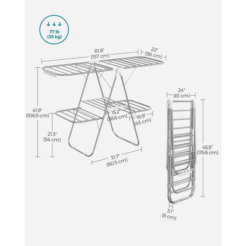 SONGMICS Clothes Drying Rack, Foldable 2-Level Laundry Drying Rack, Free-Standing