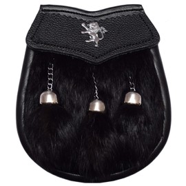 Claymore Imports Rampant Lion Black Rabbit Casual Sporran, Black Rabbit Fur Sporran For Kilt