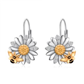 Daisy Bee Earrings 925 Sterling Silver LeverBack Drop Dangle Earrings for Women Daisy Flower Bee Jewelry Gift