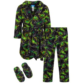 ONLY BOYS Boys' Bathrobe Set - 3 Piece Soft Fuzzy Fleece Robe, Slippers, and Matching Pajama Pants (Sizes: 6-14), Size 8-10, Charcoal Dinos