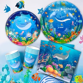 Ocean Sea Party Tableware, Serves 24 Ocean Tableware Set Includes Party Plates Cups and Napkins Tablecloth Banner etc Under The Sea Decorations