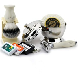 Men's Wet Razor Set - DE Safety Razor, Synthetic Brush, Stand, Bowl & Soap - Classic Care Handmade in the UK - Complete and Ready to Use