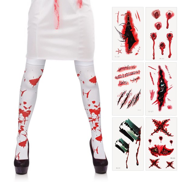 Halloween Stockings with 6 Sheets Artificial Blood Temporary Tattoos Halloween Scars Sticker Zombie Blood Sticker Women's Bloody Knee Socks for Women Halloween Costume Accessories Day of the Dead