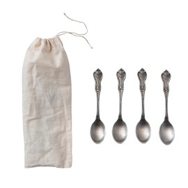 Creative Co-Op Vintage Embossed Brass Drawstring Bag, Set of 4, Antique Silver Finish Spoon