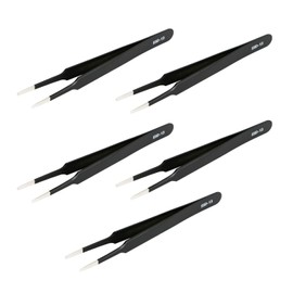 Aoje-Link ESD-13 Professional Anti-Static Precision Technology Tweezers, Non-Magnetic Flat and Round, Stainless Steel Plastic Coated, Full Length 120mm, Black, 5pcs