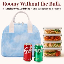 LOVELYWIND Insulated Sky Blue Lunch Bag for Women, Stylish Corduroy Tote with Aluminum Lining, Large Capacity Reusable Cooler for Work, Travel, or Beach, Beige Cream Water-Resistant Lunch Box