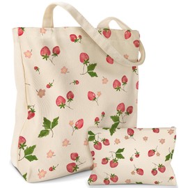 Miss Adola 2 Pack Canvas Tote Bag - Reusable Canvas Totes with Makeup Zipper Pouch Women Ladies Aesthetic Cute Color Strawberry Shoulder Bag for Shopping, Work, Gym, Travel