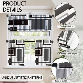 MCALK Dark Grey Blackout Kitchen Curtains Tiers and Valances Set 3 Piece for Windows Grey and Black Kitchen Window Curtains Set,Geometric Modern Art Valances for Living Room(36" Tiers Set)