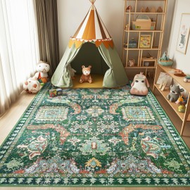 6x9 ft Area Rug, Washable Non-Slip Outdoor & Indoor Rug for Living Room, Patio, Bedroom – Boho Green Design, Perfect for Any Space, Soft & Durable