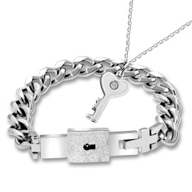 Tobestu Titanium Steel Matching Puzzle Couples Lock Bracelet and Key Pendant Necklace Jewelry Set for Girlfriend Boyfriend Y808-2D