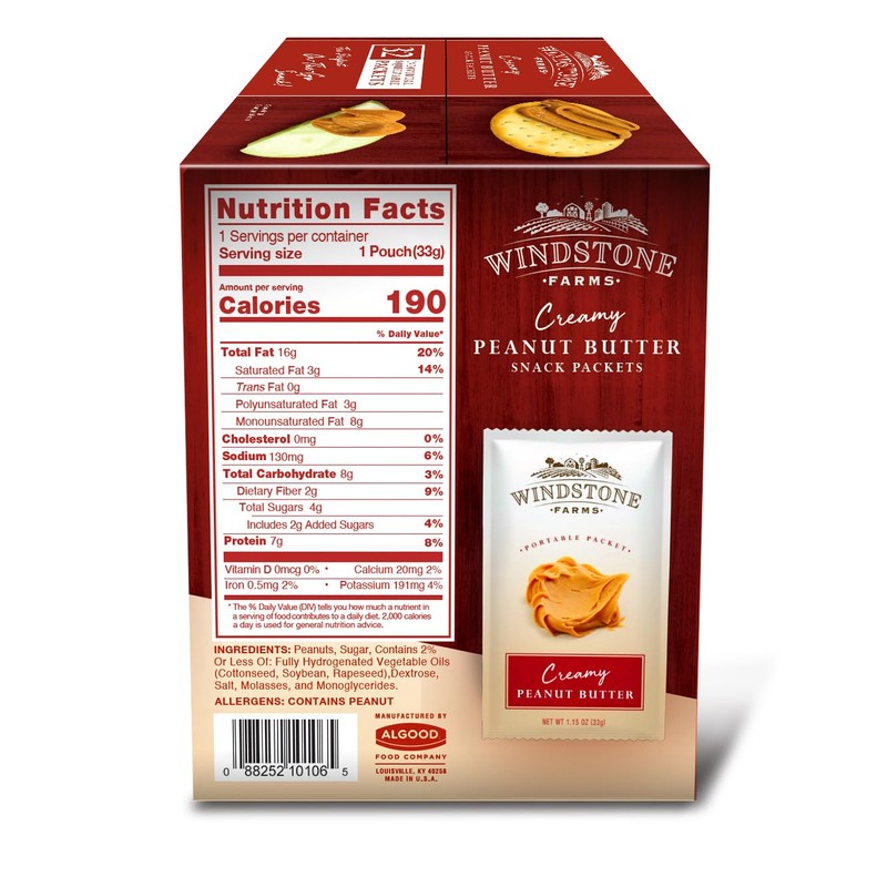 Windstone Farms Creamy Peanut Butter 32ct 1.15oz Snack Packet, 1.15oz
