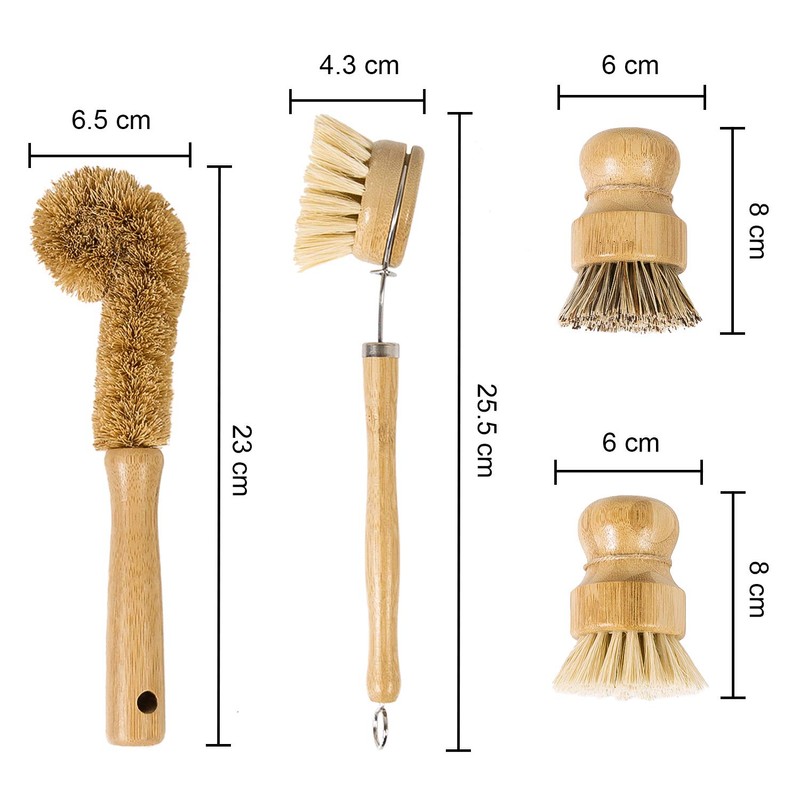 HANGOU Bamboo Dishwashing Brush with Handle Kitchen Scrubber Brush Set