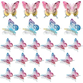 24pcs 3D Butterfly Wall Decor, 3 Sizes Hollow Butterfly Decorations Wall Stickers Removable Butterflies Art Decals for Wedding Bedroom Living Room Party Decor(Colorful)