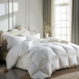 Luxurious King Size Goose Feather Down Fiber Comforter Duvet Insert,Fluffy Ultra-Soft 100% Cotton, Hotel Collection Comforter, Extra Warmth 106 x 90 Inch White Solid