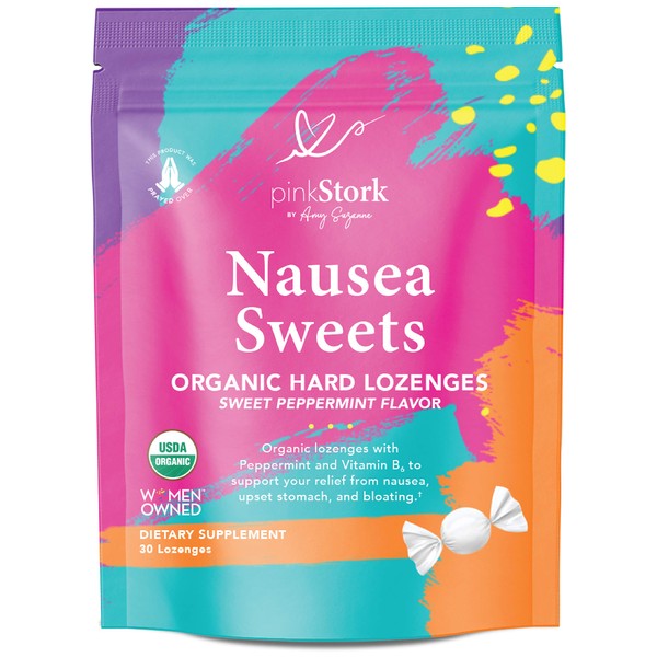 Pink Stork Nausea Sweets: Lite Peppermint, Organic Hard Candy, Nausea Relief + Morning Sickness Relief for Pregnant Women + Bloating + Digestion + Migraine Relief, Vitamin B, Women-Owned, 30 Lozenges