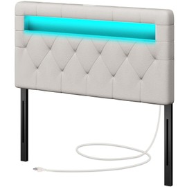 GREENSTELL Headboard for Twin Size Bed with 60,000 DIY Color of LED Light, USB & Type C Post, Attach Frame, Height Adjustable, White Leather Wall Mounted Head Boards Only, Sturdy & Stable, Twin