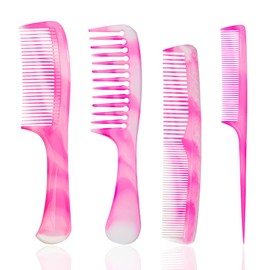FHALLYNN Pink Hair Comb Set of Four .Featuring a Wide-Tooth Comb, Fine-Tooth Comb, Rat Tail Comb, and a Dual Fine and Wide Tooth Comb,Hair Combs for Men and Women(pink)