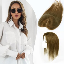 Unipearl Hair Toppers for Women Real Human Hair 12 Inch 360° Cover Remy Human Hair Topper for Women with Thinning Realistic Scalp Clip in Pieces Straight Hair (Light Brown #6, Side Bangs)