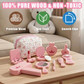 Wooden Makeup Toy Set for Girls Pretend Play Makeup Kit with Eyeshadow/ Mascara/ Perfume/ Blush/ Mirror/ Bag Perfect Toddler Montessori Toys Birthday Gift Ideas for Kids Aged 3 4 5 6 7 8