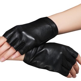 Nappaglo Women's Short Fingerless Leather Fingerless Gloves, Winter Inner Wear, Heat Retention, Warm, Cold Protection, Exercise, Driving, Driving Gloves, black/silk lining