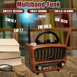 Retro Radio with Bluetooth, AM/FM/SW Retro Radio with Bluetooth 5.0, Nostalgia Radio Small, Supports USB/TF/AUX, Function, Kitchen Radio with Large 5W Speaker (Brown)