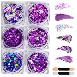6 Shapes Holographic Body Glitter Gel Set, Pink Face & Body Glitter for Festival, Party, Cheer, Hair, Easy to Apply & Remove, Non-Sticky Sparkly Makeup for Bold Looks (Purple)