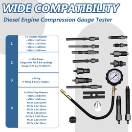 Bicos Diesel Engine Compression Tester Kit with 0-1000 psi Gauge and Adapters Cylinder Pressure Test Tool Kit Diesel Injector Tester Check Cylinders in Diesel Car & Truck