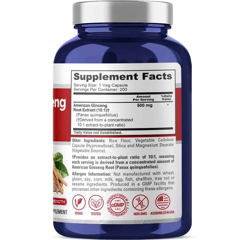NusaPure American Ginseng Capsules, 500 mg, 200 Veg Capsules (Non-GMO,