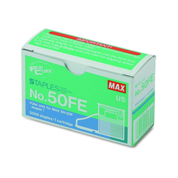 Max 50-FE Staple Cartridge for EH-50F Flat-Clinch Electric Stapler, 5000/Box