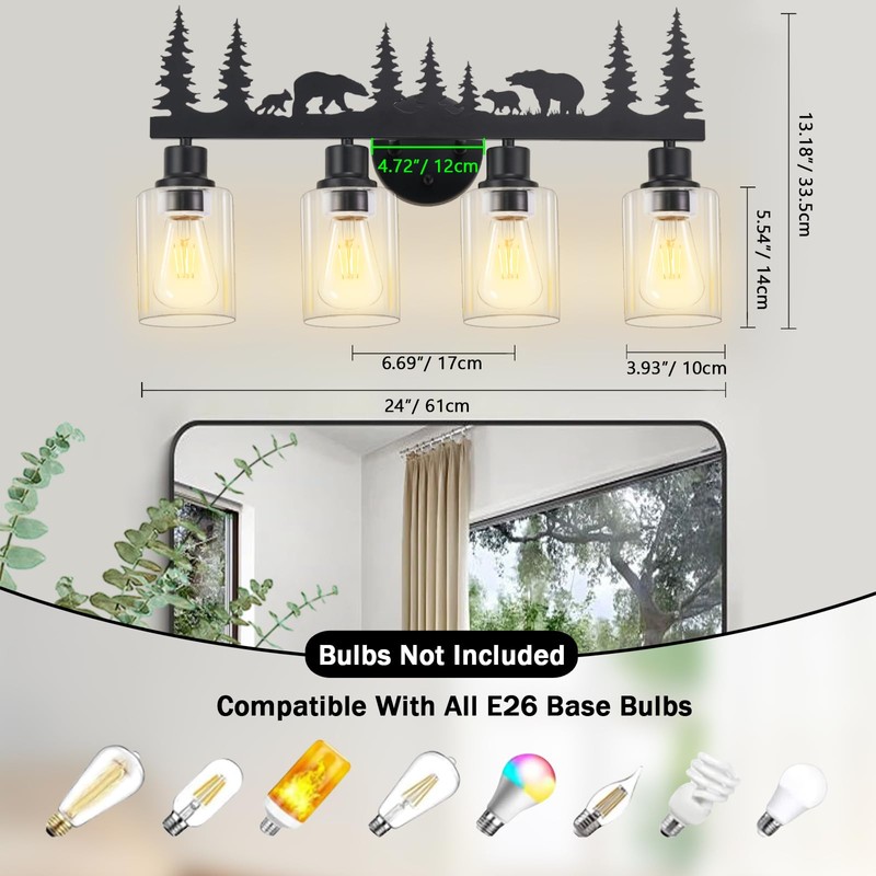 Monyohame Farmhouse Rustic Bear Bathroom Light Fixtures, 4-Light Black Vanity