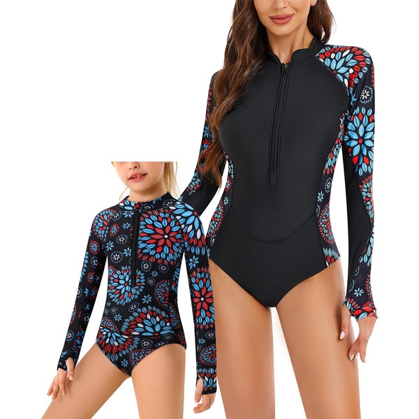 Mommy Me Long Sleeve Swimsuits: Women One Piece Rash Guard