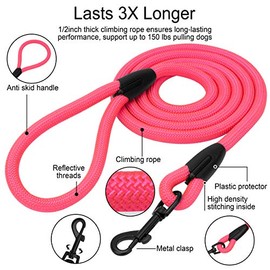 Correas resistentes para perros pequeños a perros medianos, color rosa neón de 1/2 pulgadas x 6 pies de largo con ganchos negros duraderos y resistentes
