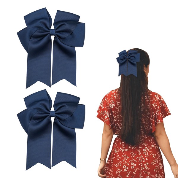 2 Pack 6 inch Bow Hair Clips, Large Hair Bow Hair Barrette Clips for Women Girls, Dark Blue Hair Bows