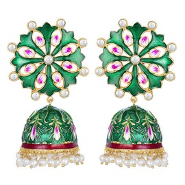 Aheli Enamel Meenakari Handcrafted Kundan Pearl Long Floral Jhumki Jhumka Earrings Gift for Women Indian Traditional Bollywood Jewelry Green