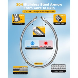 HOTYELL 1/2 Inch NPT Male Compressor Jumper Hose 48", 750°F/450 PSI Full Body 304 Stainless Steel Double Layers Air Hose with 360° Swivel Fittings (1/2'' NPT x 48" Length)