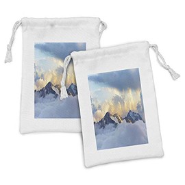Ambesonne Europe Fabric Pouch Set of 2, Alpine Landscape with Peaks Covered by Snow Clouds Panoramic View Picture, Small Drawstring Bag for Toiletries Masks and Favors, 9" x 6", Charcoal Grey White