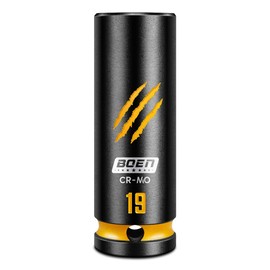 BOEN 1/2" Drive 19mm Deep Socket Set, Chrome-molybdenum Steel, 6-Point Design, Deep Embossed and Painted Marking, Yellow Groove, Black Phosphate Coating