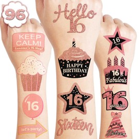 96 PCS Happy Sweet 16 Temporary Tattoos Sixteen 16th Cheer Birthday Party Supplies Favors Decorations Decor Rose Gold Purple Red Blue Teal Tattoo Stickers Gifts for Kids Girls School Rewards Carnival